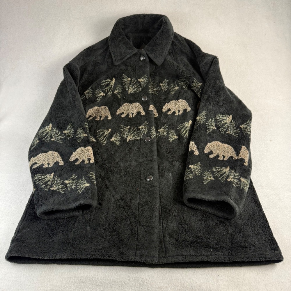 Denali Fleece Jacket Women Black Bear Pine Pattern Button Front Cabin Outdoor